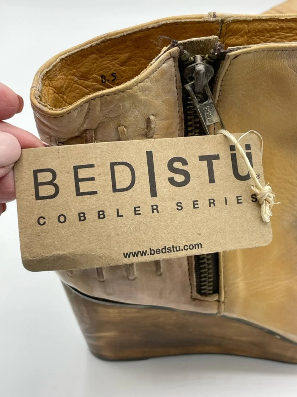 BED|STU Cobbler Series Tan Distressed Leather Wedge Ankle Boots NWT